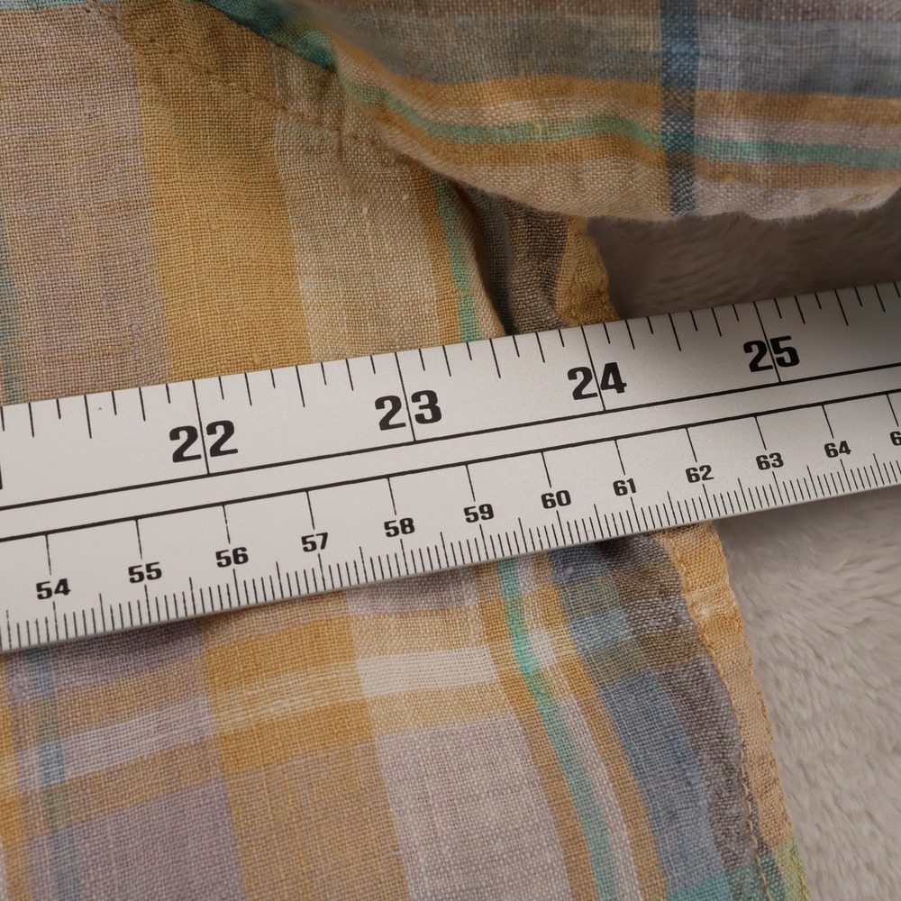 Lands End Mens Large 100% Linen Short Sleeve Button Down Plaid Shirt Yellow Teal - Picture 5 of 7